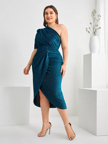  Plus One Shoulder Ruched Asymmetrical Hem Glitter Dress