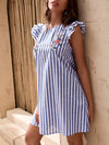 Ruffle Armhole Embroidery Floral Striped Dress