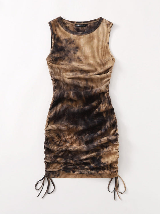 Drawstring Knot Ruched Tie Dye Dress