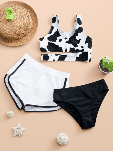 Teen Girls 3pack Tropical Print Contrast Binding Bikini Swimsuit