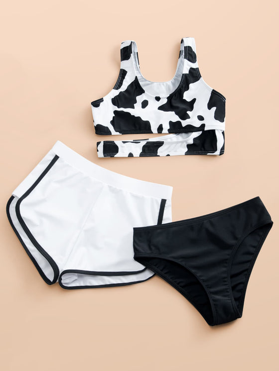 3pack Girls Cow Print Cut out Bikini Swimsuit