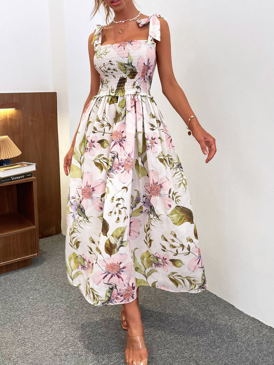 Floral Tie Shoulder Shirred Dress