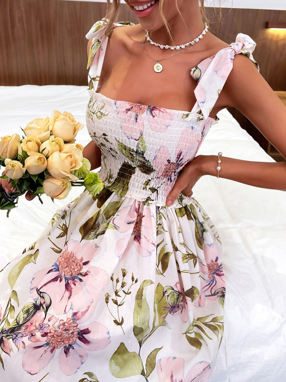 Floral Tie Shoulder Shirred Dress