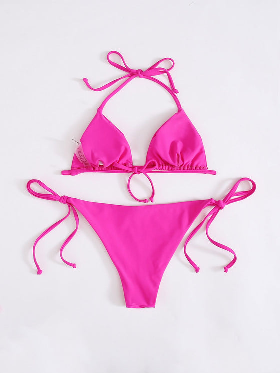 Solid Bikini Set Triangle Bra Thong Bottom 2 Piece Bathing Suit