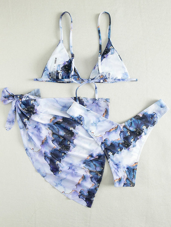 3pack Marble Print Micro Triangle Bikini Swimsuit Beach Skirt