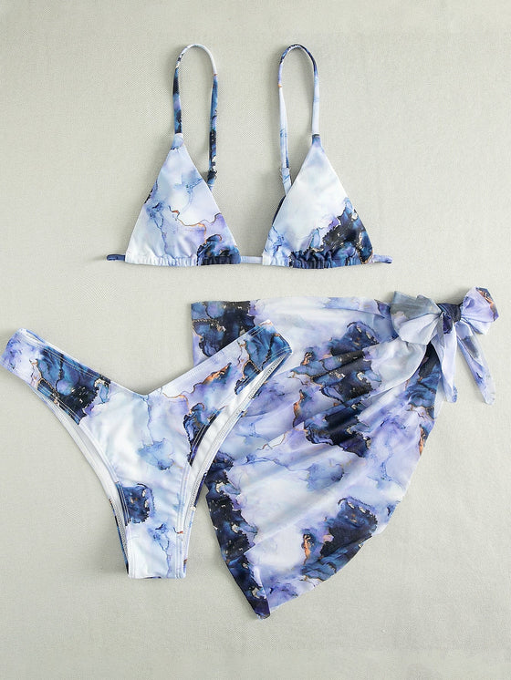 3pack Marble Print Micro Triangle Bikini Swimsuit Beach Skirt