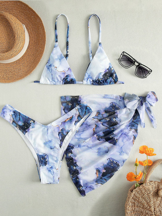 3pack Marble Print Micro Triangle Bikini Swimsuit Beach Skirt