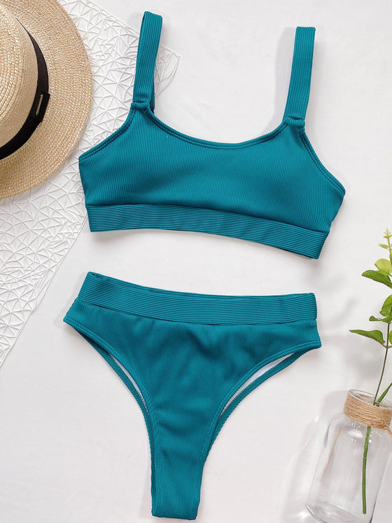 Solid Ribbed High Waisted Bikini Swimsuit