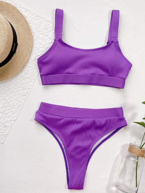 Solid Ribbed High Waisted Bikini Swimsuit