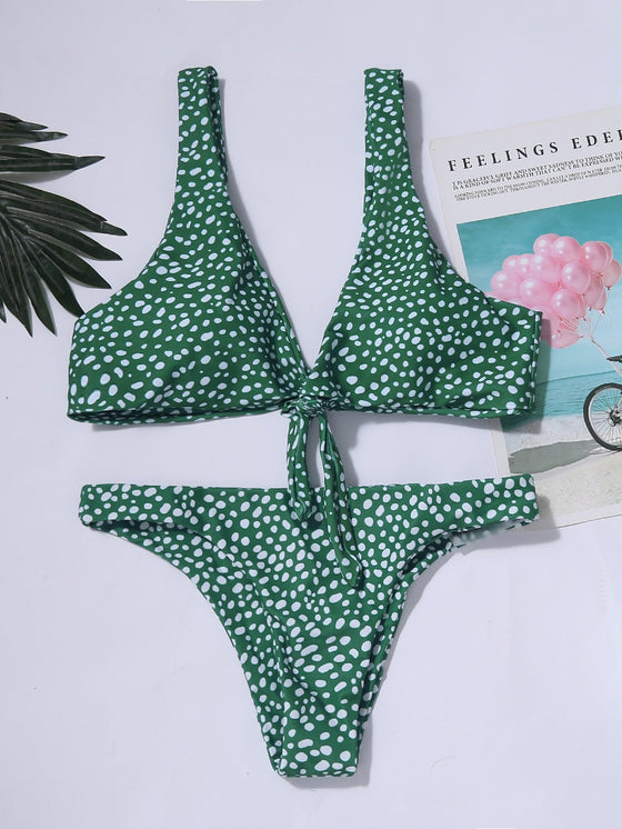 Dalmatian Print Knot Front Bikini Swimsuit