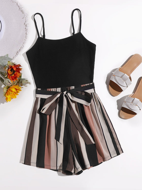 Striped Colorblock Belted Combo Slip Romper