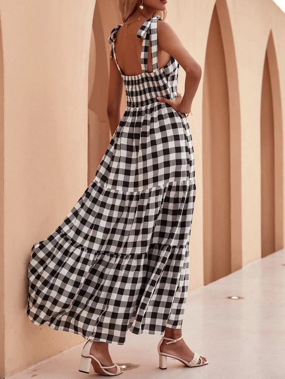 Knot Strap Flounce Hem Gingham Dress