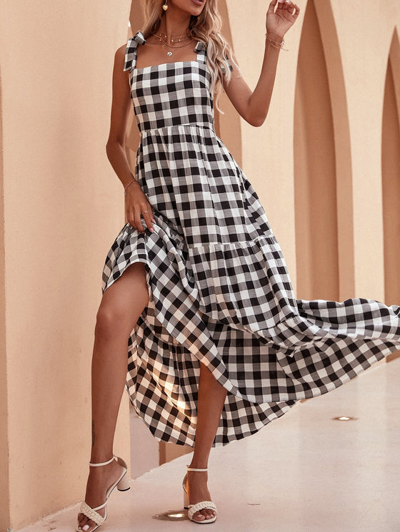 Knot Strap Flounce Hem Gingham Dress