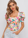 Puff Sleeve Allover Floral Print Top