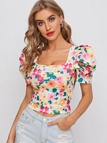  Puff Sleeve Allover Floral Print Top