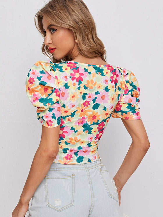 Puff Sleeve Allover Floral Print Top