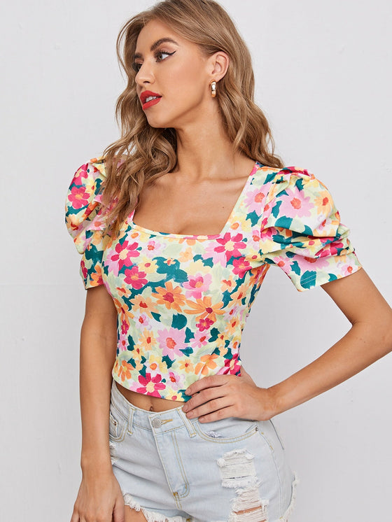 Puff Sleeve Allover Floral Print Top