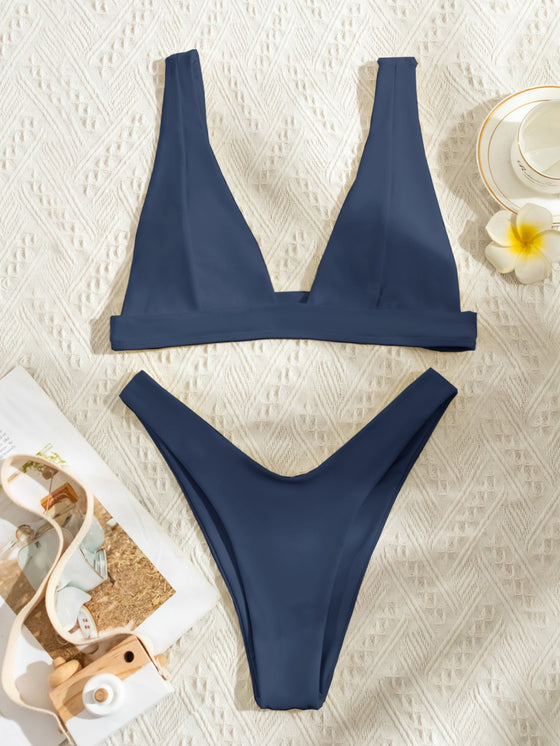 Plain High Cut Bikini Swimsuit