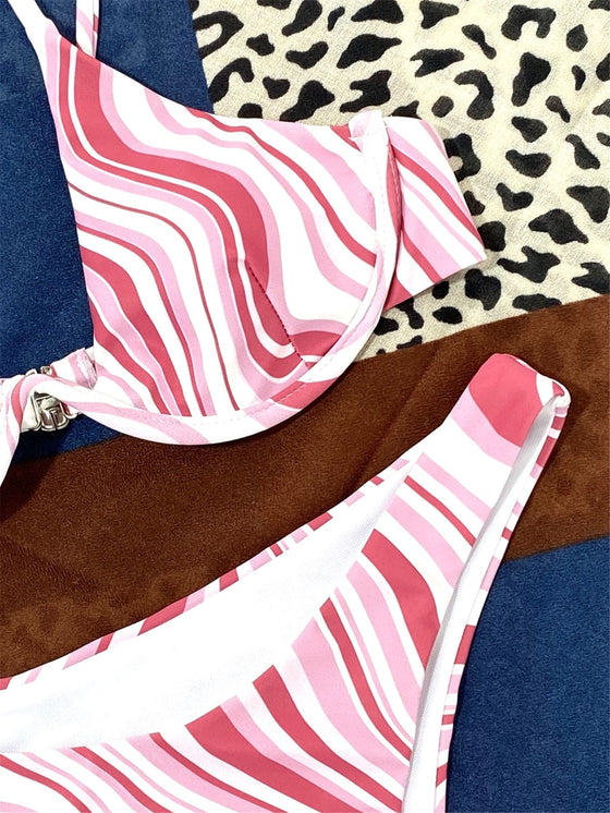 Wave Print Underwire Bikini Swimsuit