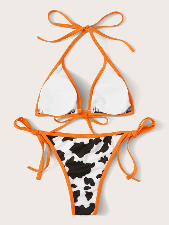 Cow Pattern Triangle Tie Side Bikini Swimsuit