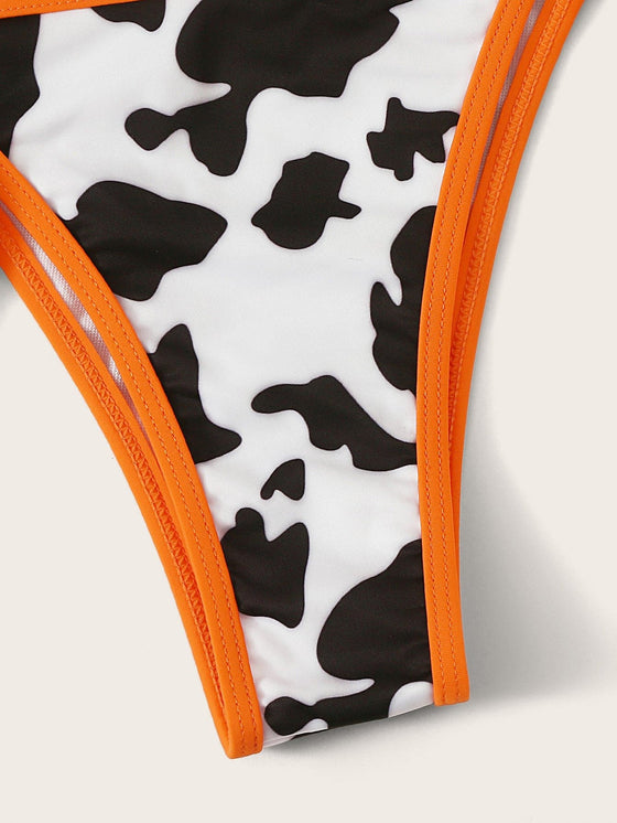 Cow Pattern Triangle Tie Side Bikini Swimsuit