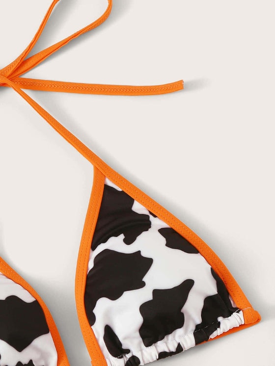 Cow Pattern Triangle Tie Side Bikini Swimsuit