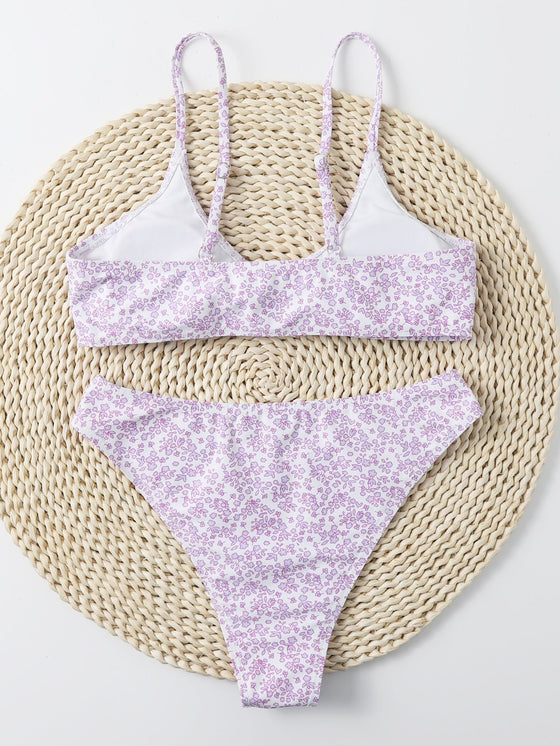 Calico Print Tie Front Bikini Swimsuit