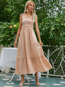  Gingham Shirred Tie Shoulder Cami Dress