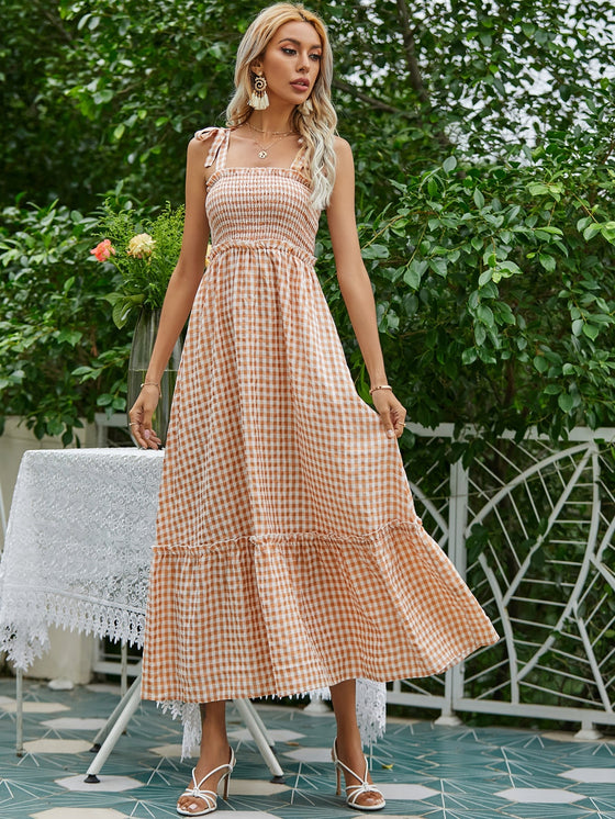 Gingham Shirred Tie Shoulder Cami Dress