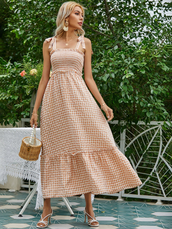 Gingham Shirred Tie Shoulder Cami Dress