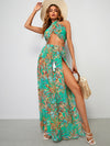 Tropical Print Crisscross Crop Halter Top M slit Thigh Skirt Set