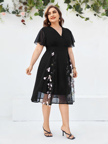  Plus Chiffon Plants Embroidered Appliques Midi Dress