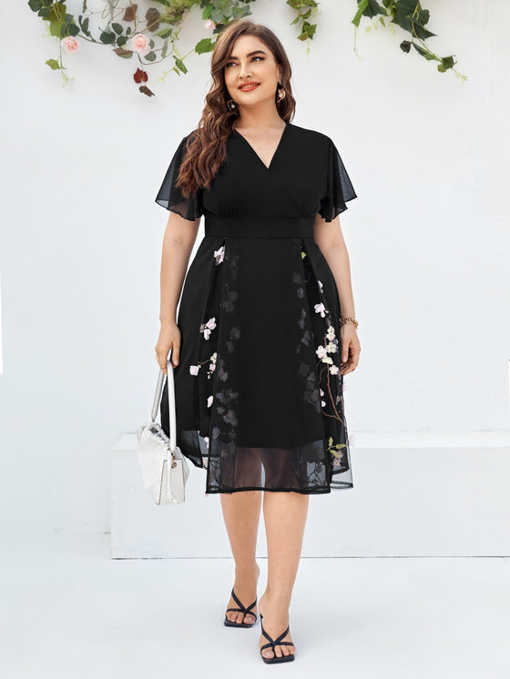 Plus Chiffon Plants Embroidered Appliques Midi Dress