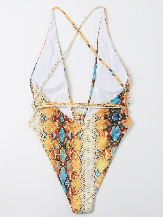 Snakeskin Print Plunging One Piece Swimsuit