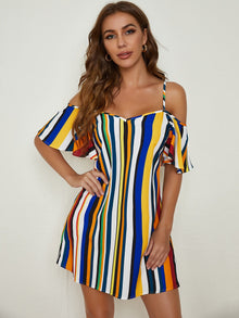  Cold Shoulder Striped Colorblock Dress