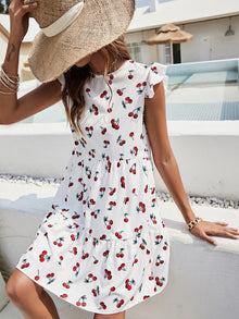  Cherry Print Ruffle Hem Smock Dress Without Belt