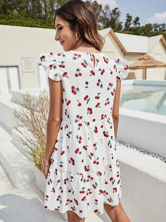 Cherry Print Ruffle Hem Smock Dress Without Belt