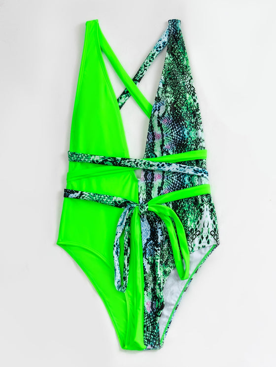 Snakeskin Knot Front Plunging One Piece Swimsuit