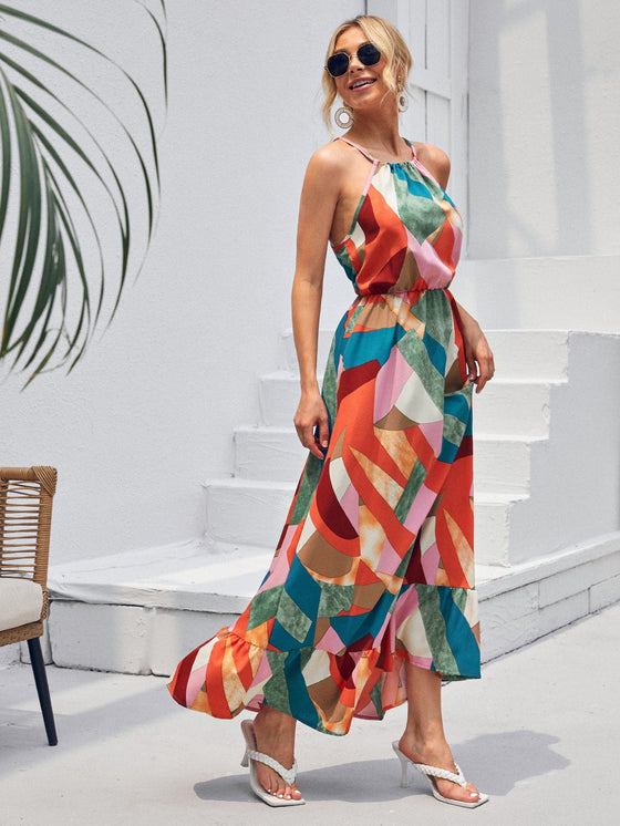 Patchwork Print Ruffle Hem Halter Dress