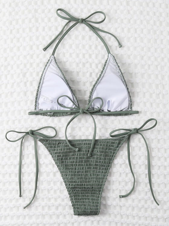 Smocked Micro Triangle Tie Side Bikini Swimsuit