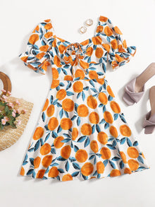  Sweetheart Neck Puff Sleeve Drawstring Ruched Orange Print Dress