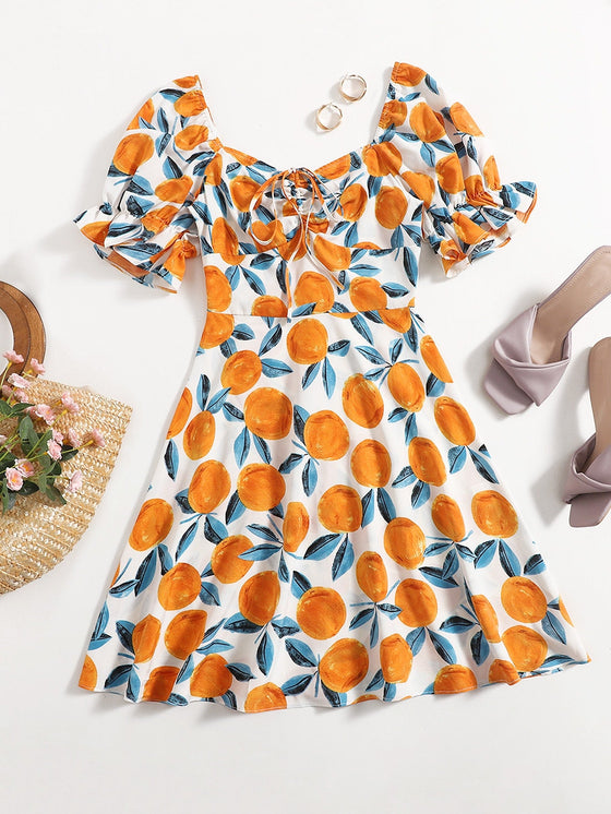 Sweetheart Neck Puff Sleeve Drawstring Ruched Orange Print Dress