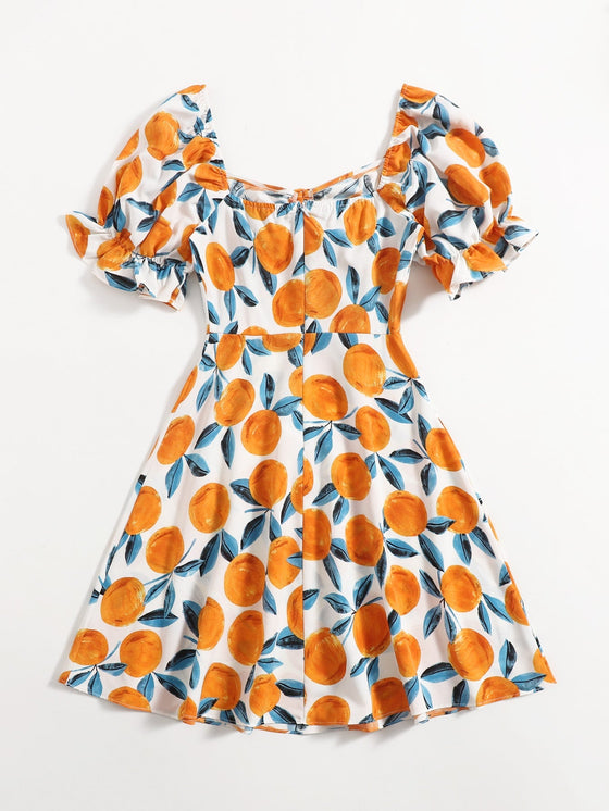 Sweetheart Neck Puff Sleeve Drawstring Ruched Orange Print Dress