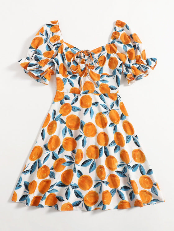 Sweetheart Neck Puff Sleeve Drawstring Ruched Orange Print Dress