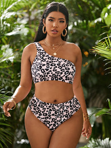  Plus Leopard One Shoulder Bikini Swimsuit