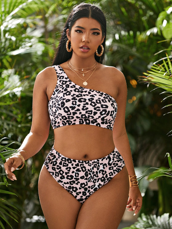 Plus Leopard One Shoulder Bikini Swimsuit