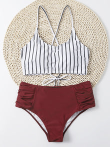  Striped Ruched High Waisted Bikini Swimsuit