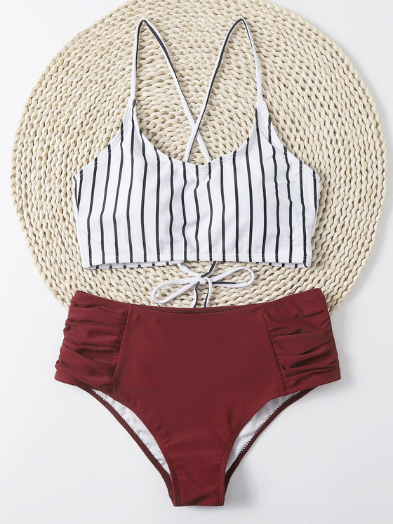 Striped Ruched High Waisted Bikini Swimsuit