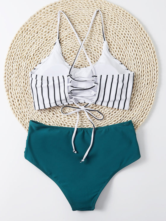 Striped Ruched High Waisted Bikini Swimsuit