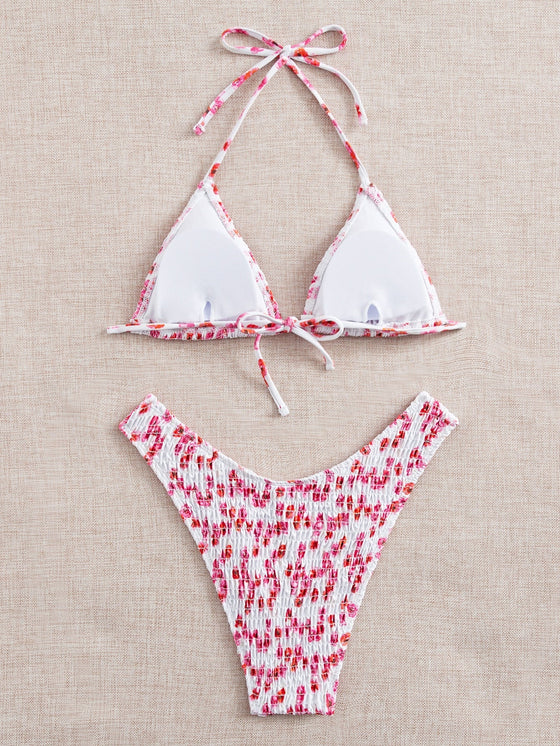 Floral Smocked Triangle Bikini Swimsuit